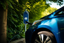 AI generated image. Electric charging station and parked blue car in a green park zone