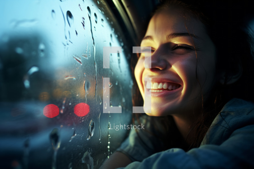 AI Generated Image. Cheerful woman inside of the car while the rain is falling outside