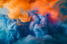 AI Generated Image. Infrared shot of the abstract blue and orange fluffy pastel ink smoke cloud in water