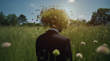 AI generated image. Back view on the man wearing suit in a meadow. He has grass and flowers on his head instead hair