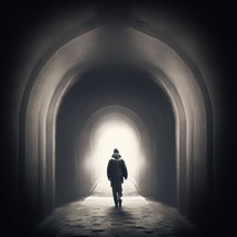 Silhouette of a person walking towards light at the end of a dark tunnel