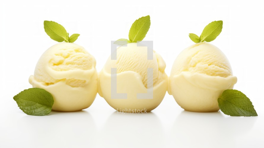 Close-up realistic photo of three scoops of tangy lemon sorbet on a white background Generative AI