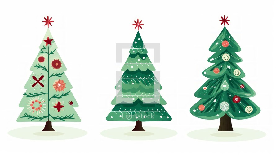 Christmas trees decorated with toys white background Minimalism flat cartoon illustration Generative AI