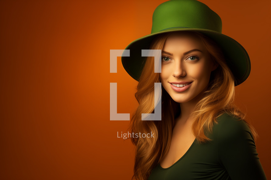 AI Generated Image. young woman wearing St Patrick Day leprechaun costume on a studio orange background