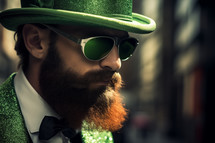 AI Generated Image. Trendy leprechaun wearing green sunglasses and hat while walking on a city street