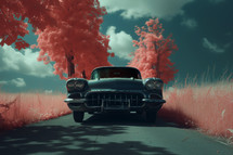 AI Generated Image. Infrared shot of the vintage car driving on the road in great nature landscape