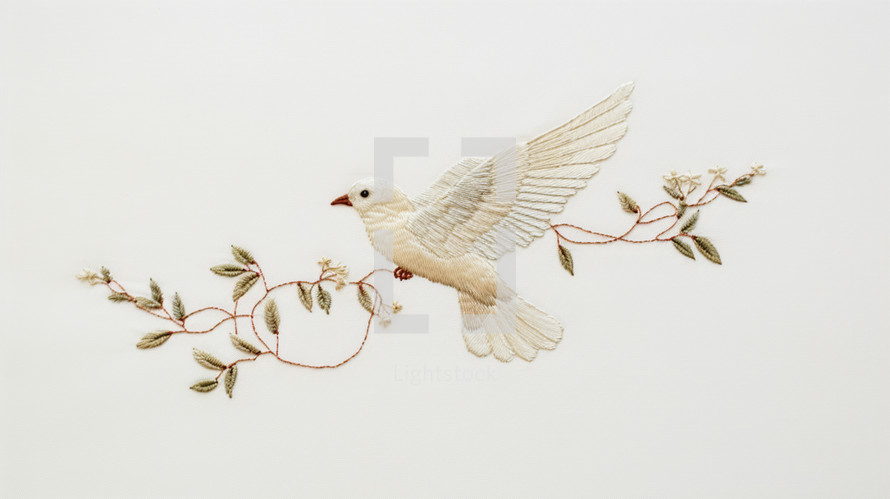 Embroidery of a dove and branch