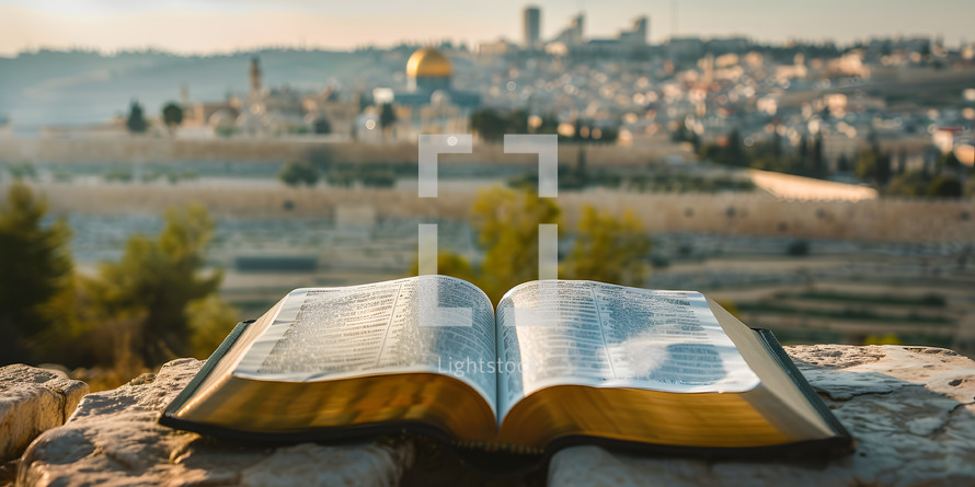 Close up of Bible open looking out towards Jerusalem, Israel from the viewpoint of Mount of Olives with Copy space
