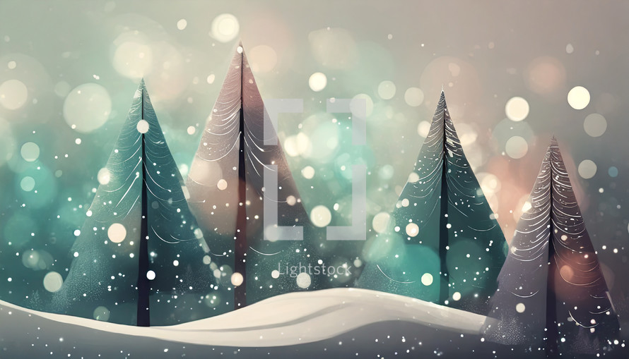 snowy scene with evergreens, snow covered ground and bokeh