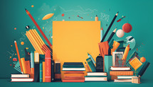 Back to school illustration of books, pencils, and other school related elements.