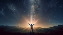 Man with arms to the sky illuminated by a beam of heavenly light