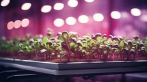 A hydroponic system growing microgreens in a controlled environment for year-round production. Generative AI