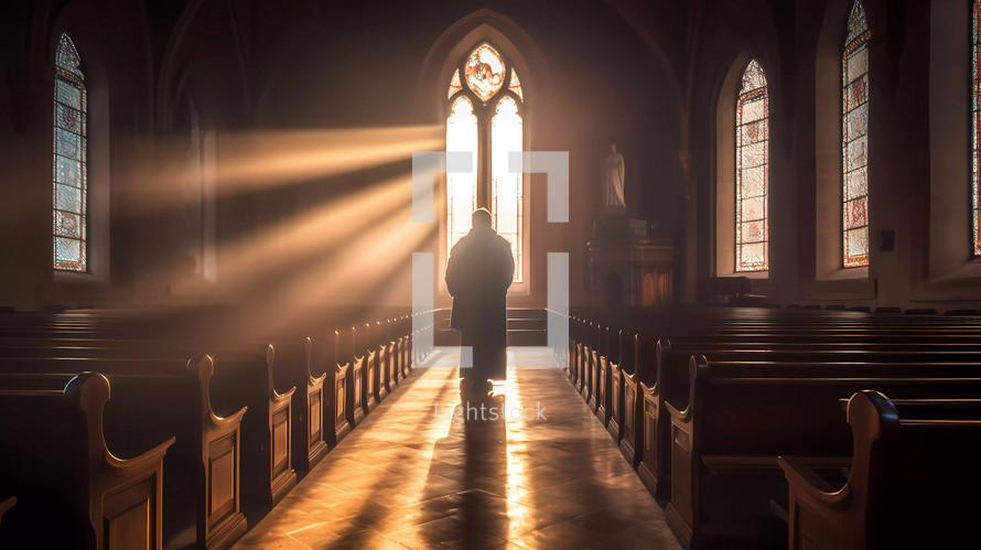 Lonely priest walks in the center of the church