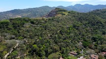 Aerial shot drone flies upward over coffee plantation revealing mountains in the background