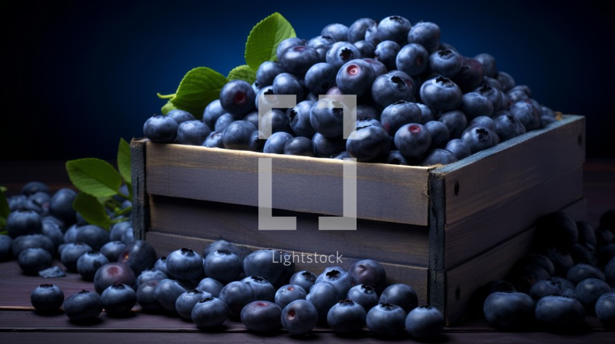 A box overflowing with luscious blueberries, close-up realistic photo Generative AI