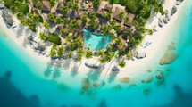 Aerial view of a tropical island adorned with lush palm trees, surrounded by crystal-clear turquoise waters and white sandy beaches. Generative AI