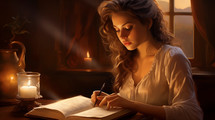 Pretty young woman reading bible book.
