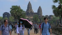Tourists Visit Angkor Wat Ruins Ancient Temple Siem Reap Cambodia 4K