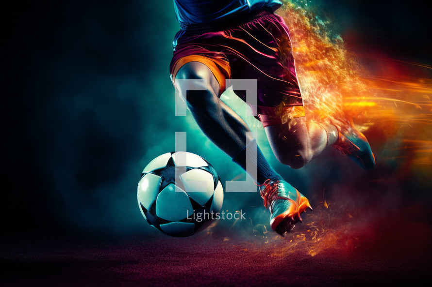 AI Generated Image. Football player running and kicking the soccer ball with fire and flame