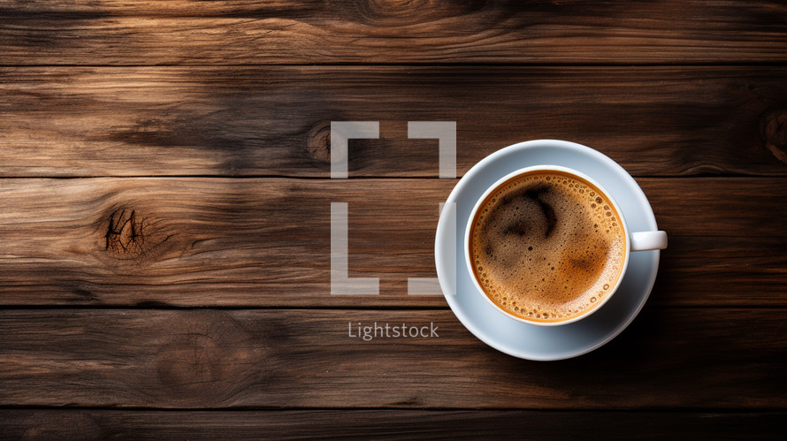 Flat lay cup of coffee on wood background