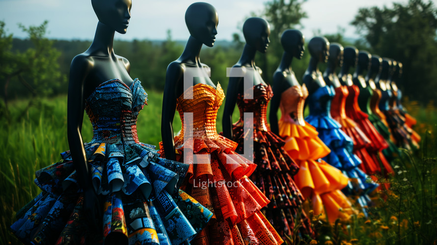 AI Image. Outdoor fashion show with mannequins dressed in upcycled paper and fabric dresses