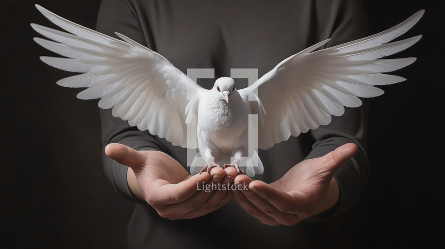 Dove flying from outstretched hands