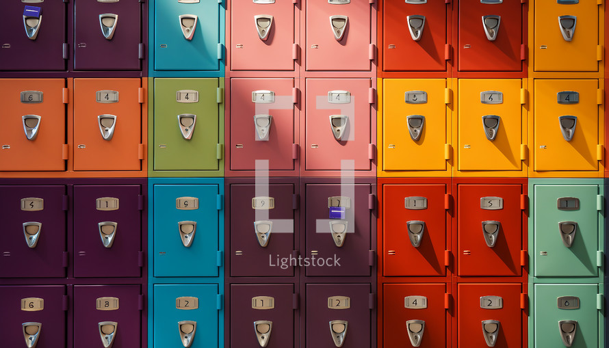 Colorful school lockers with personalized name tags, backpacks, and vibrant decorations