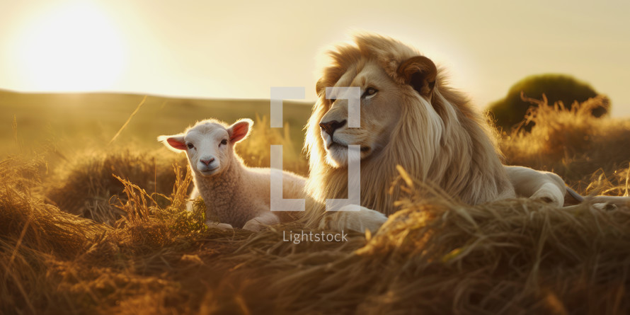 The Lion and Lamb at rest together in a field.