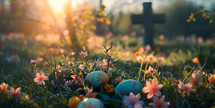 Easter Eggs in a field of flowers with a crucifix cross in the background, spring time scene