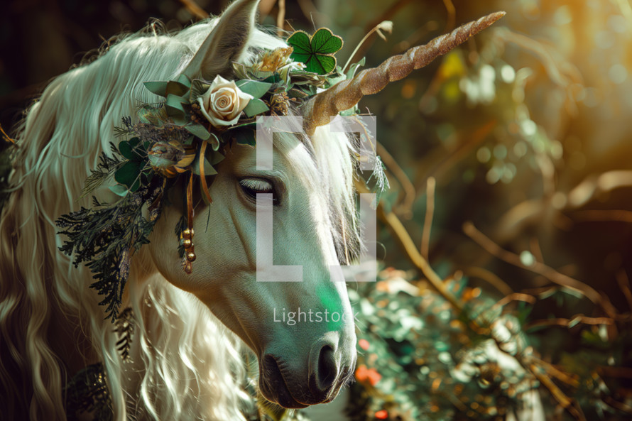 AI Generated Image. Epic unicorn with long hair in a magic forest. St. Patrick’s Day concept