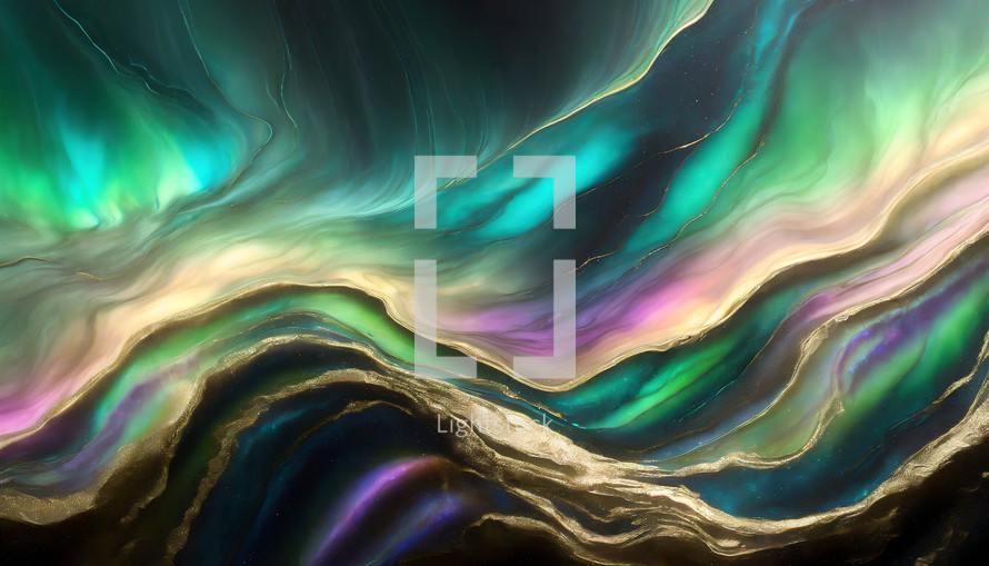 abstract aurora borealis artwork with flowing colors in turquoise, green, gold, black, purple
