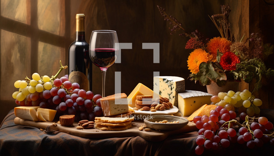 Arrangement featuring wine glasses, cheese, and grapes