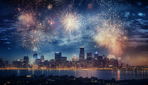 spectacular fireworks display above a city skyline, creating a breathtaking celebration of Independence Day