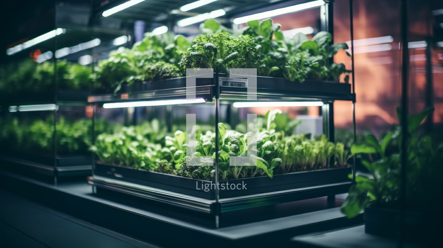 A vertical farming setup cultivating assorted microgreens, neatly arranged in a compact space. Generative AI