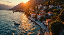 Aerial view of the bay, warm sunset glow, charming towns, detailed drone-captured Boka Kotor Bay at dusk Generative AI