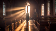 Lonely priest walks in the center of the church