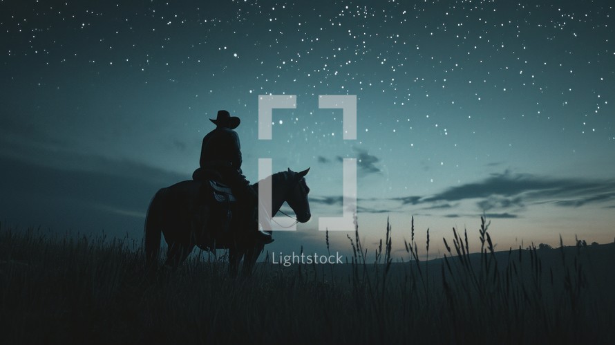 The solitude of a lone cowboy on night watch, safeguarding the herd under the stars in the quiet of the prairie. Generative AI