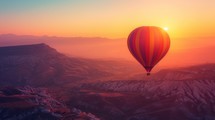 Spectacular mountain vista in Turkey with the silhouette of a hot air balloon gliding against the stunning backdrop of the setting sun, creating a mesmerizing scene, Generative AI