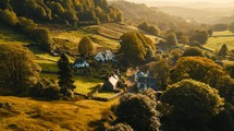 Aerial view of a cottage town amidst rolling hills, charming houses, idyllic countryside, peaceful surroundings, detailed and scenic depiction Generative AI
