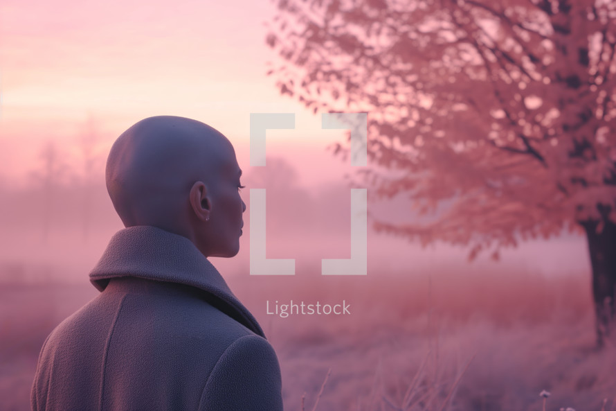 AI Generated Image. Infrared portrait of the contemplative serene bald woman wearing coat in a foggy nature landscape