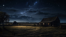 Rustic barn and field on a starry night