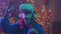 Virtual reality goggles for a girl in Christmas house