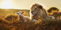 The Lion and Lamb at rest together in a field.