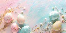 Easter eggs on a pastel background with floral elements and copy space
