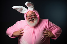 AI Generated Image. playful overweight mature man dressed as Bunny for Easter celebration