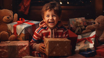 Excited young boy opening Christmas presents in a cozy Christmas themed image