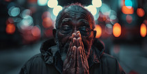 Old man praying in city at night with lights around him 