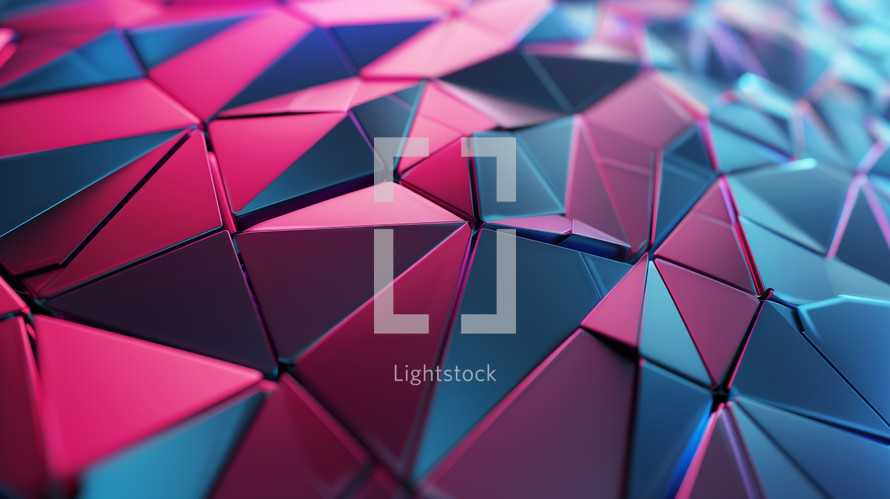 AI Image. Futuristic geometric wall pattern consisting of 3D triangular prisms with magenta reflections