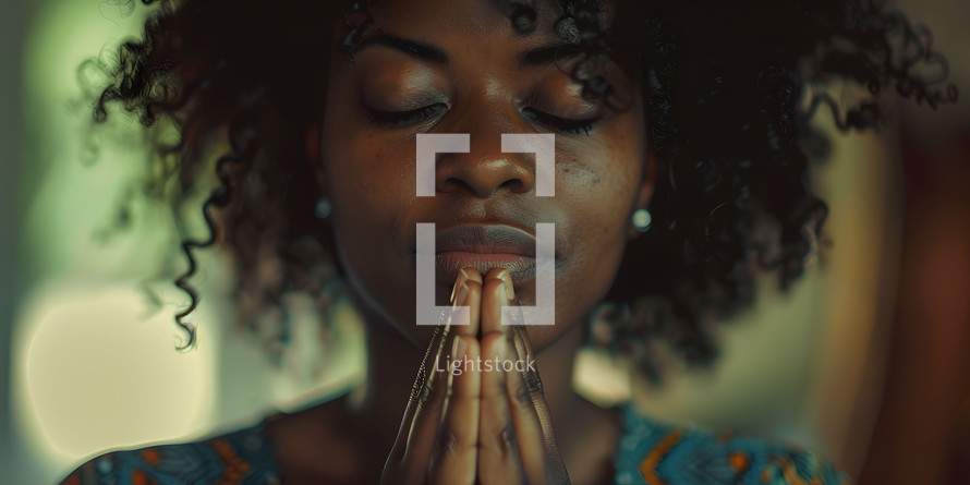 Woman close up with hands praying near face