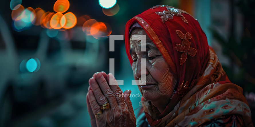 Palestinian woman prays in dark night